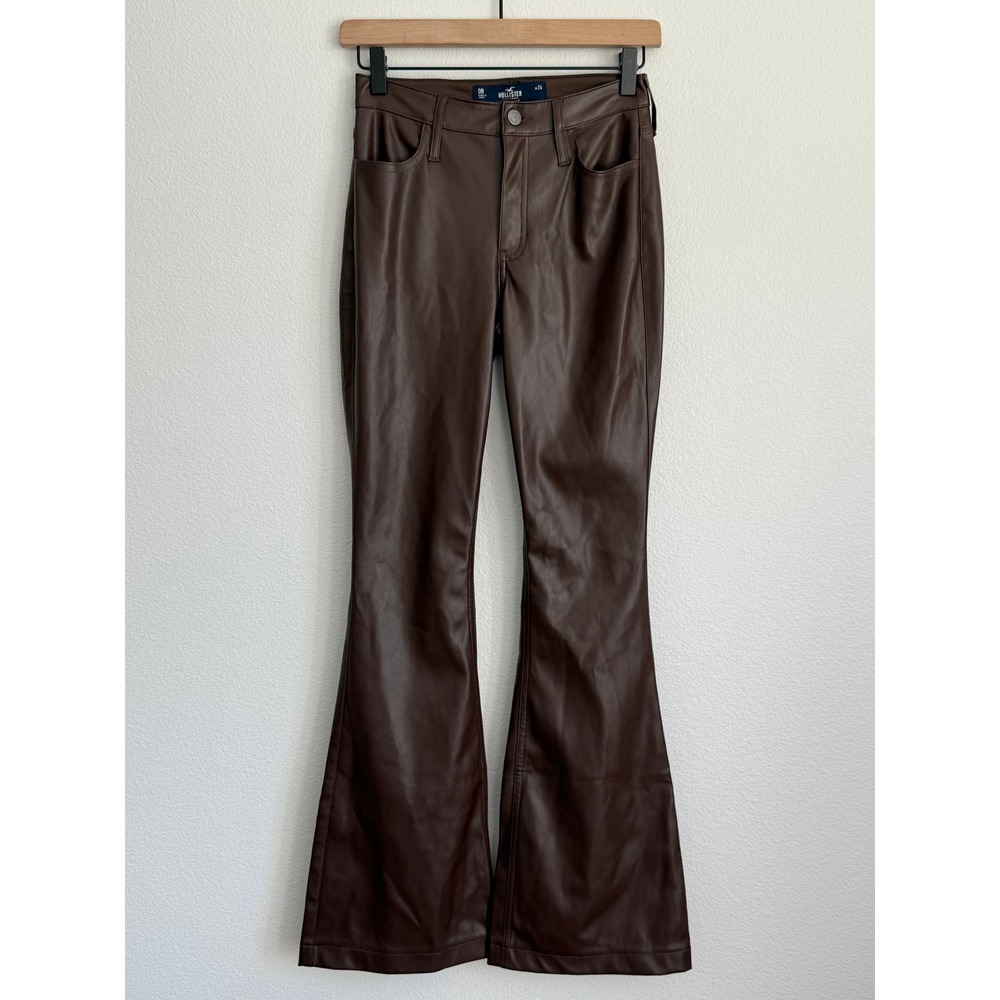Hollister Faux Leather Flare Pants Size 0R W24 Brown High Rise Boho Chic Trendy